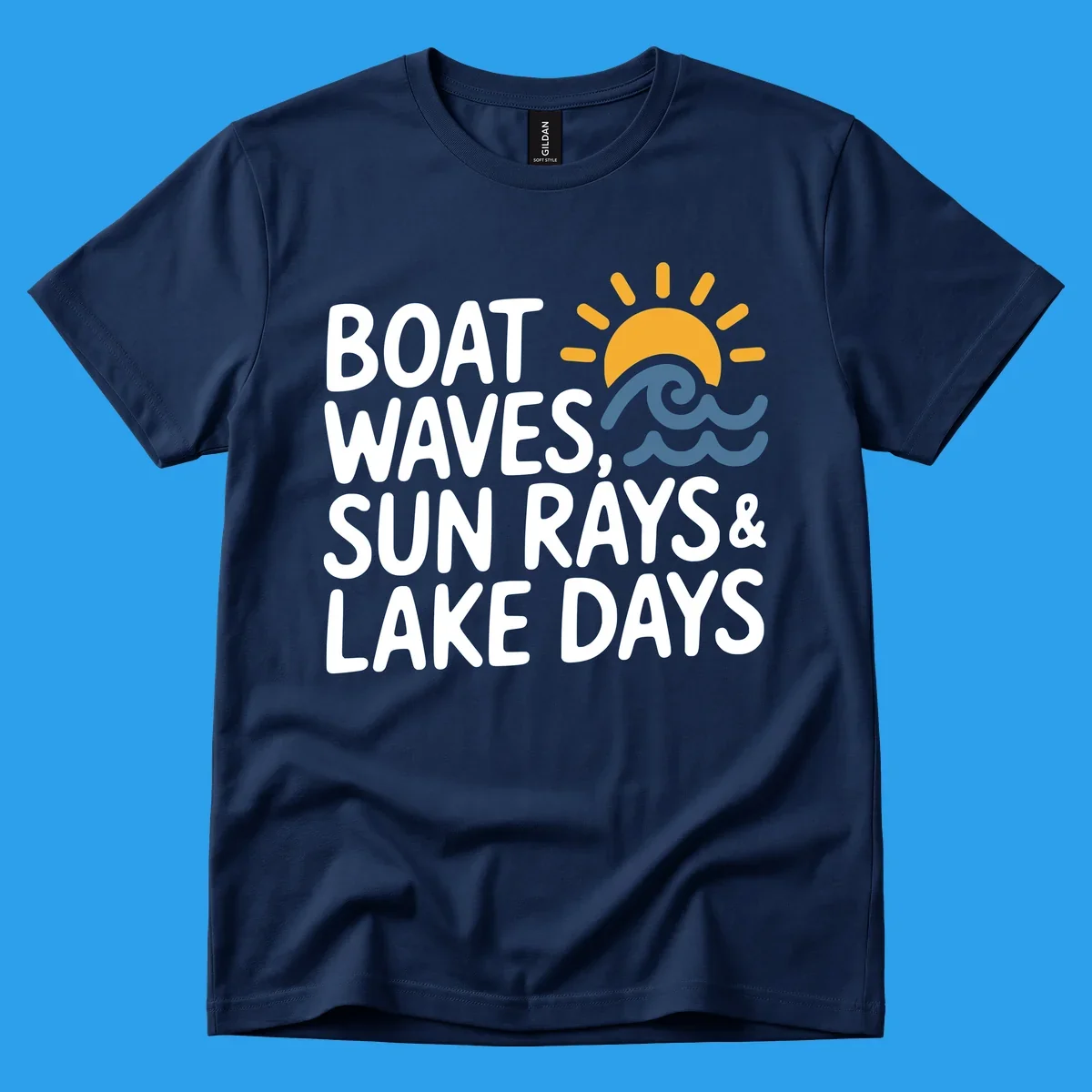 Text 'Boat Waves Sun Rays & Lake Days' with sun and waves illustration for lake-life-days.