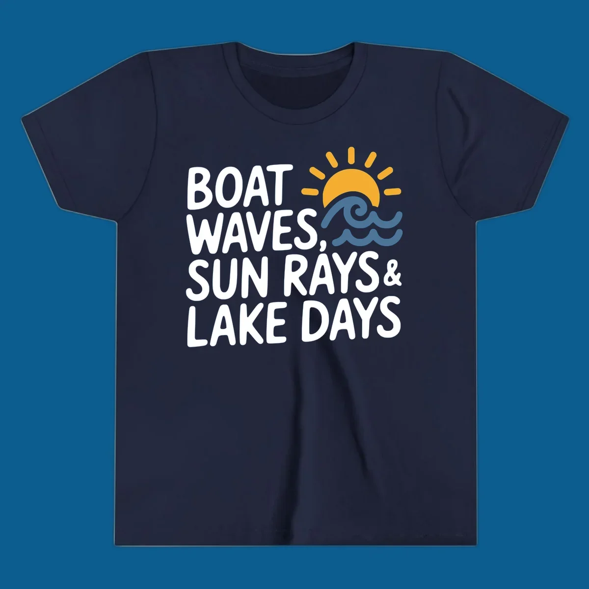 Text 'Boat Waves Sun Rays & Lake Days' with sun and waves illustration for lake-life-days.