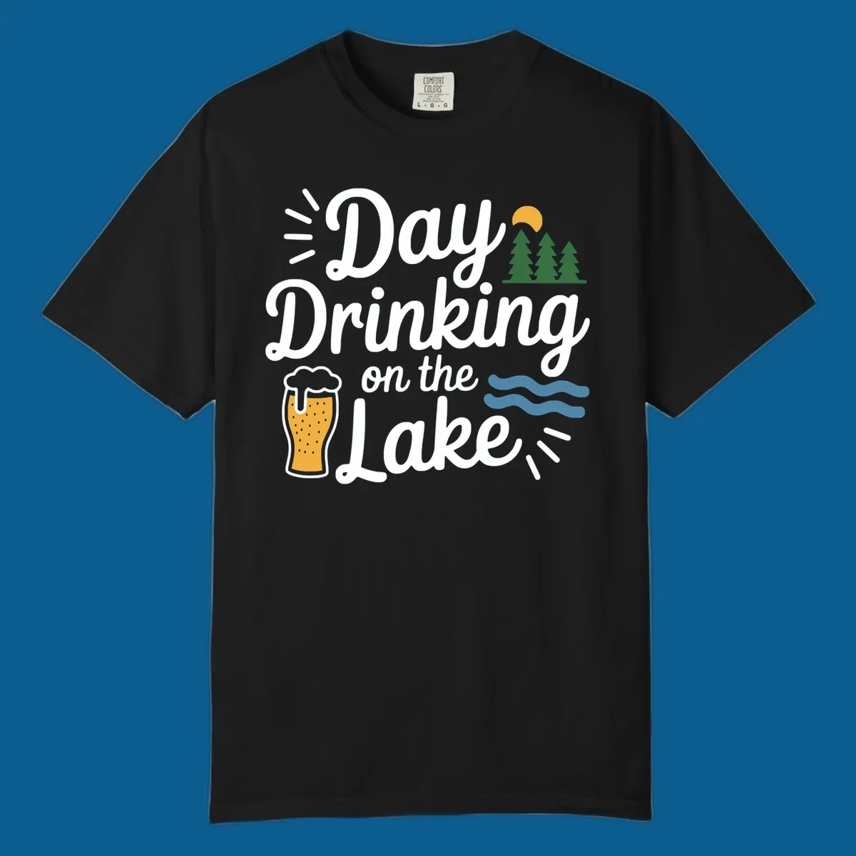 Day drinking on the lake design with beer, trees, sun, and waves.