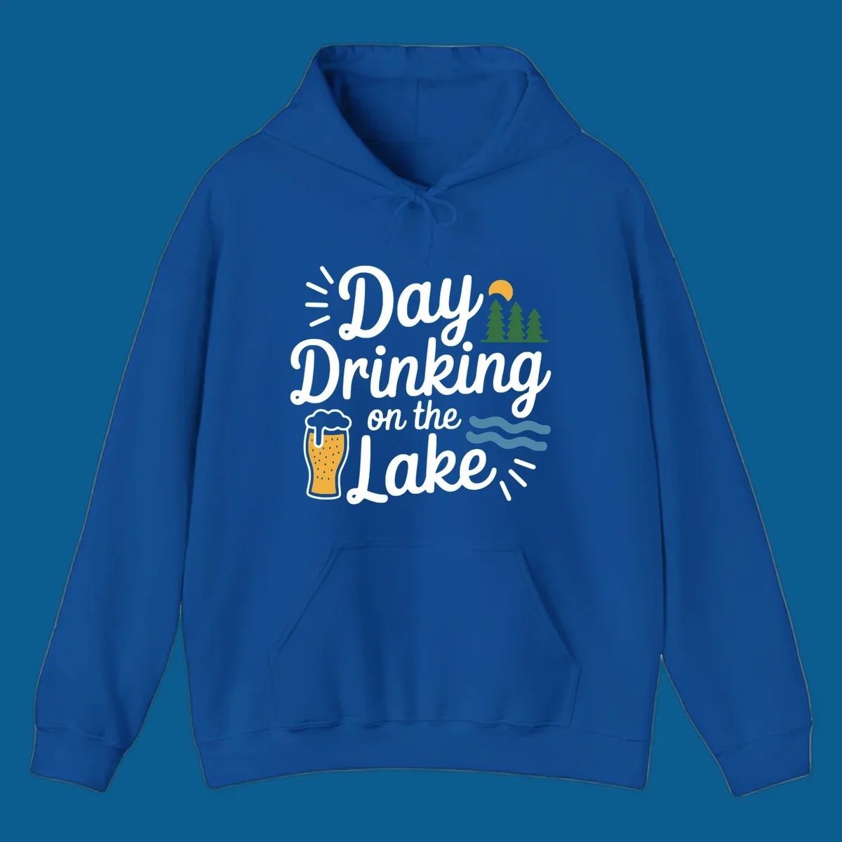Day drinking on the lake design with beer, trees, sun, and waves.