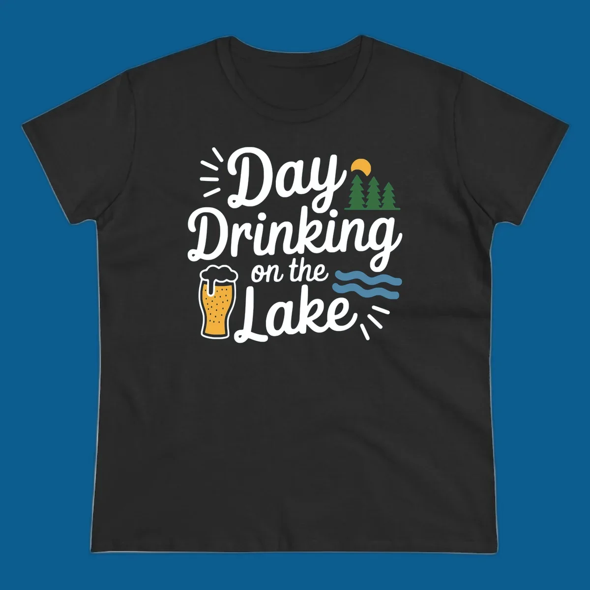 Day drinking on the lake design with beer, trees, sun, and waves.