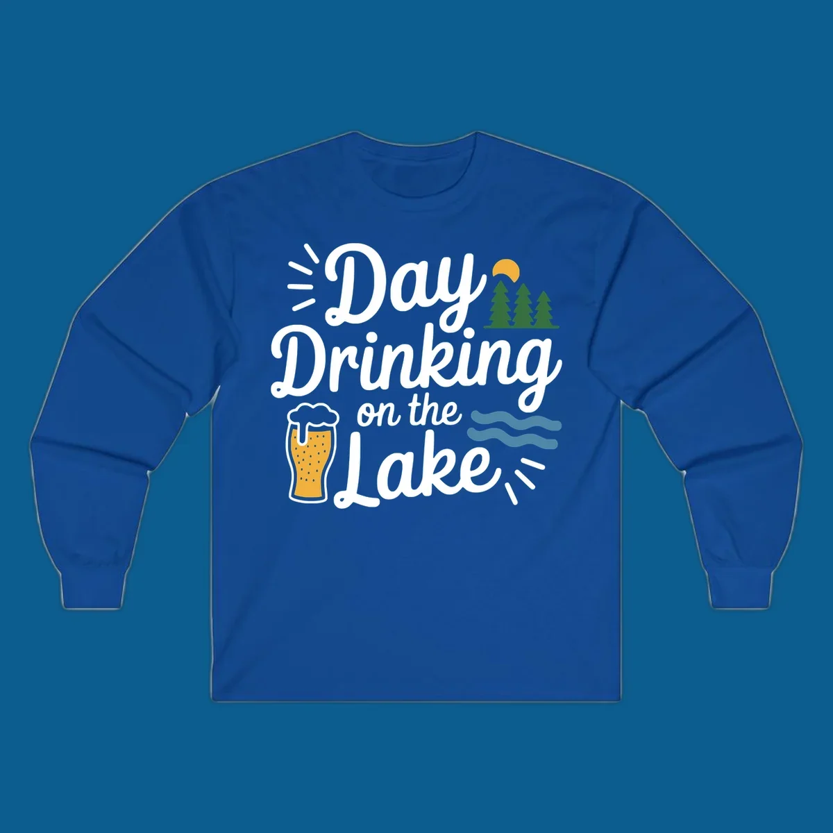 Day drinking on the lake design with beer, trees, sun, and waves.
