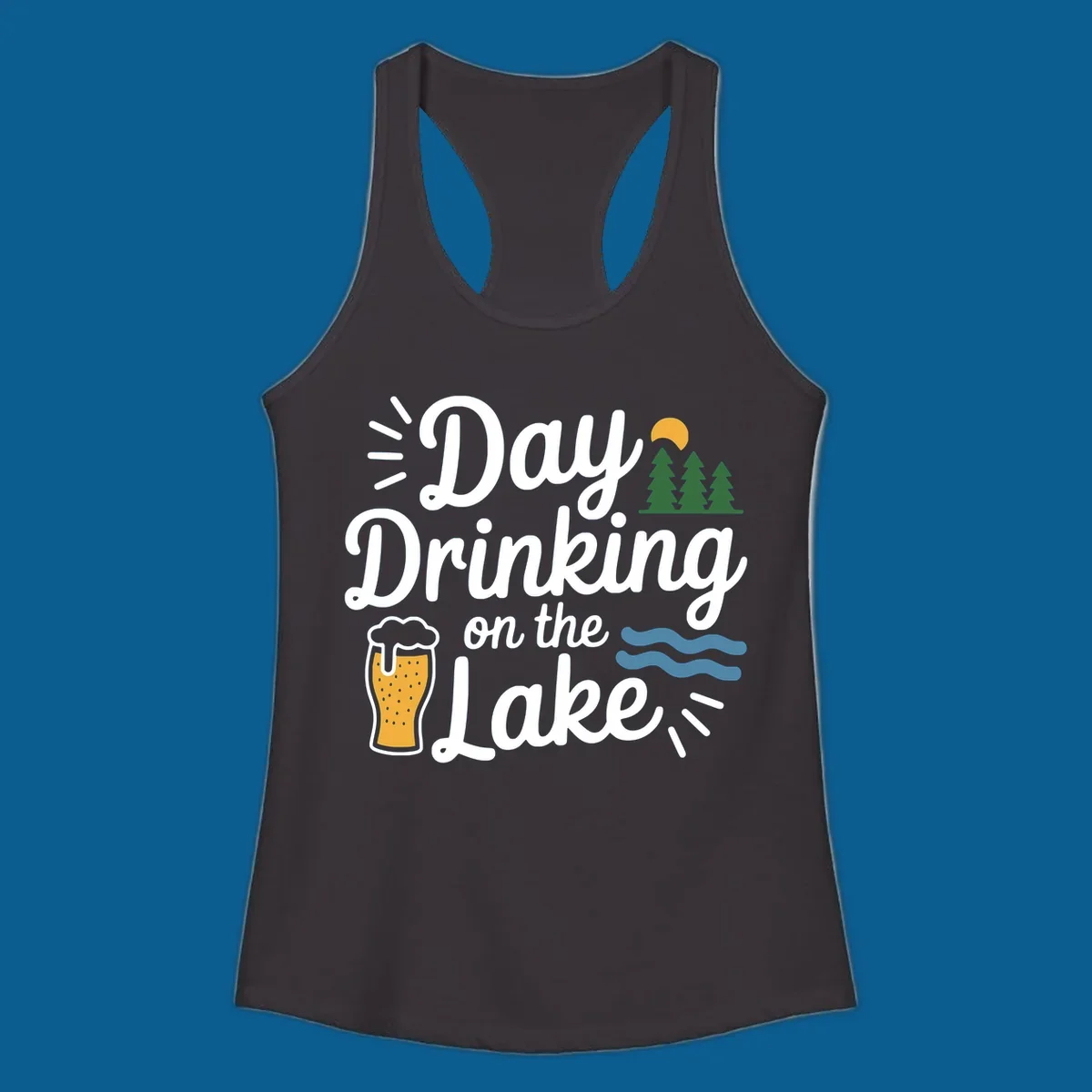 Day drinking on the lake design with beer, trees, sun, and waves.