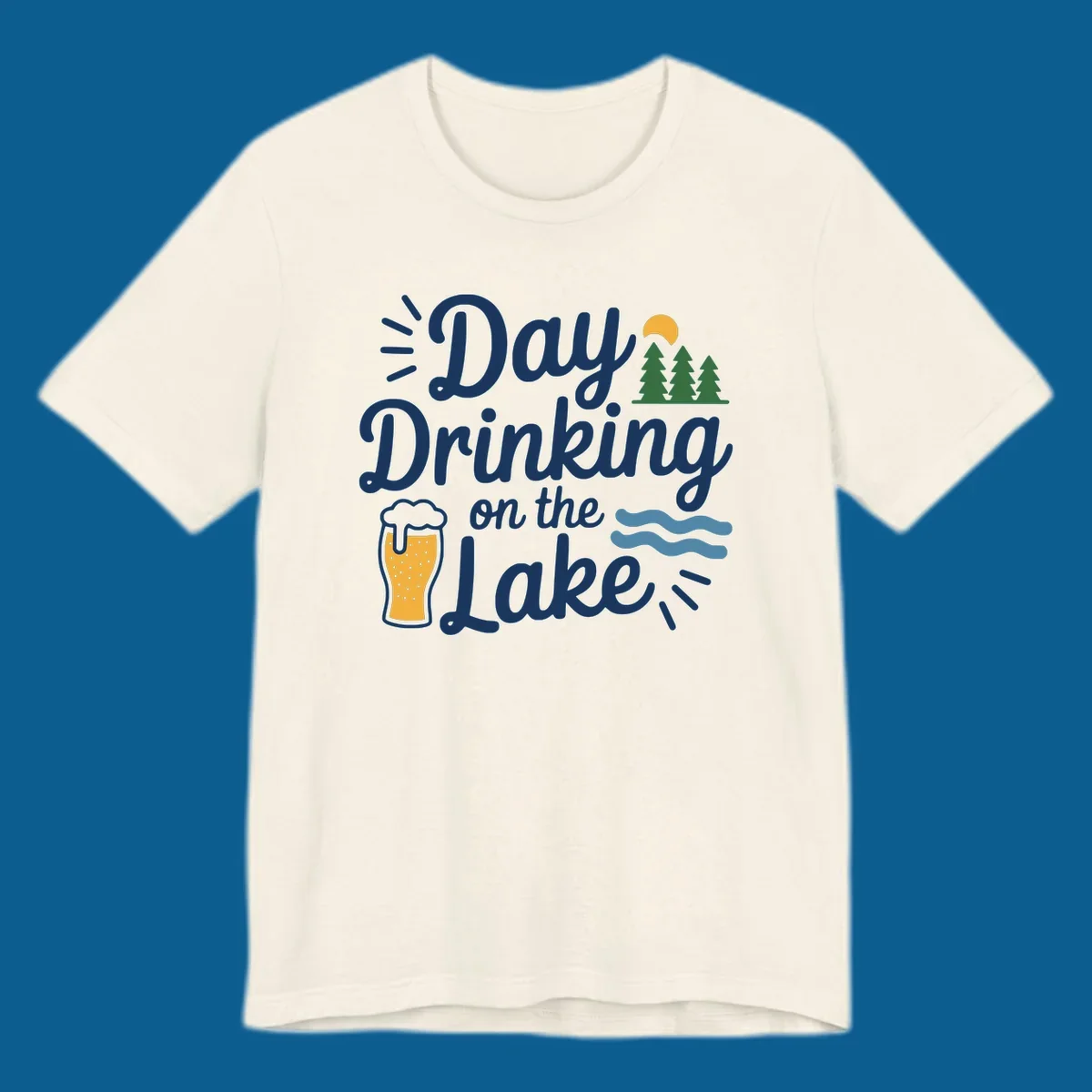 Day drinking on the lake design with beer, trees, sun, and waves.