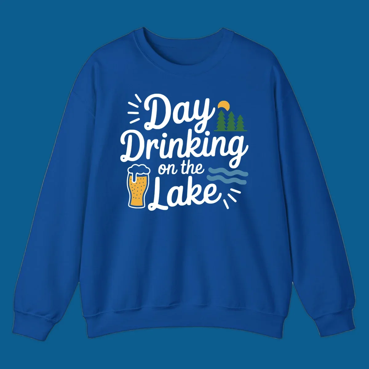 Day drinking on the lake design with beer, trees, sun, and waves.