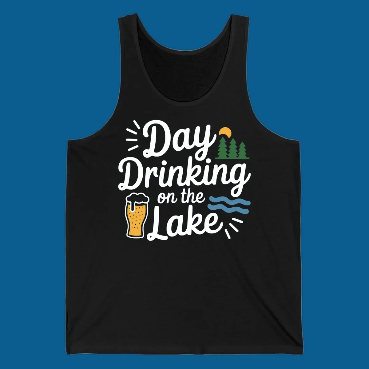 Day drinking on the lake design with beer, trees, sun, and waves.