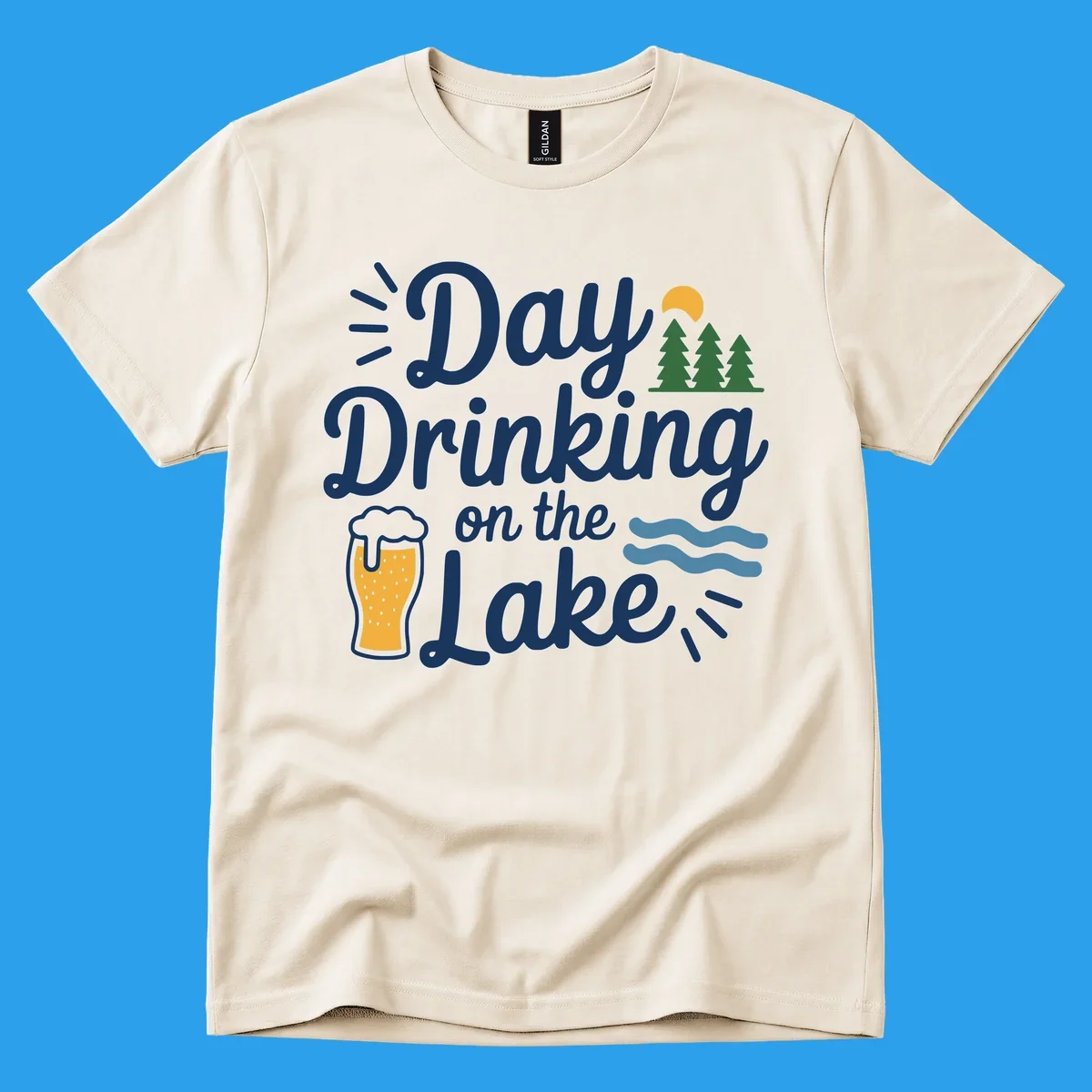 Day drinking on the lake design with beer, trees, sun, and waves.