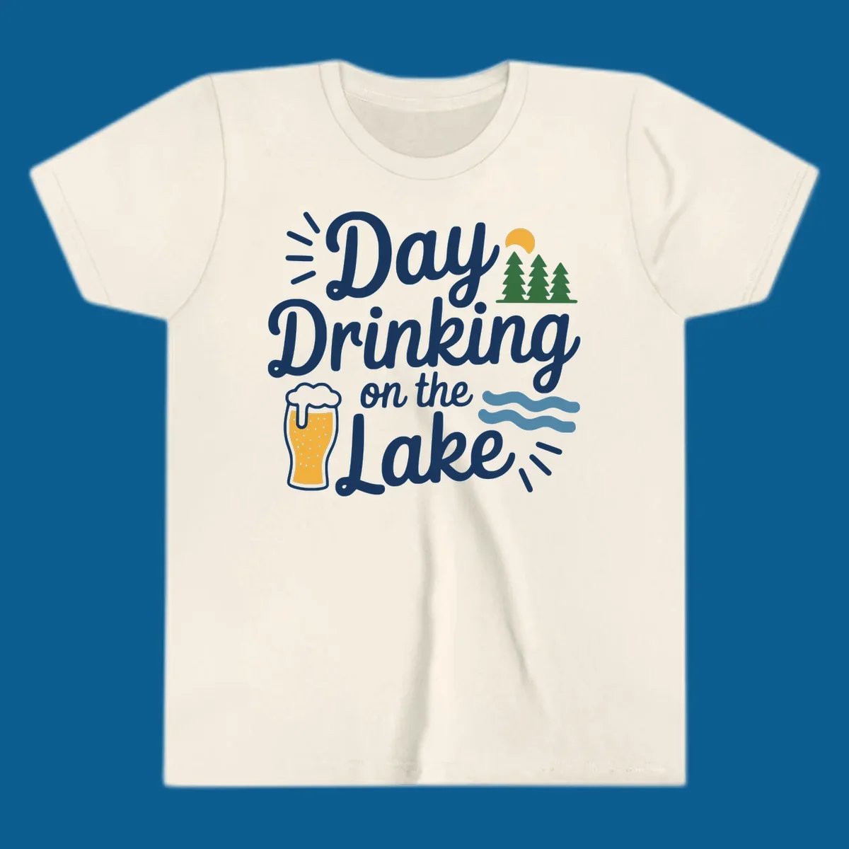 Day drinking on the lake design with beer, trees, sun, and waves.