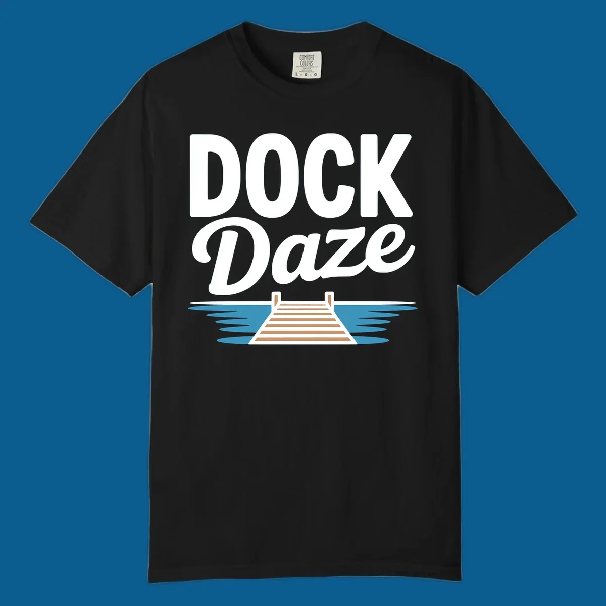 Dock Daze lake life design featuring text and a wooden dock on blue water.