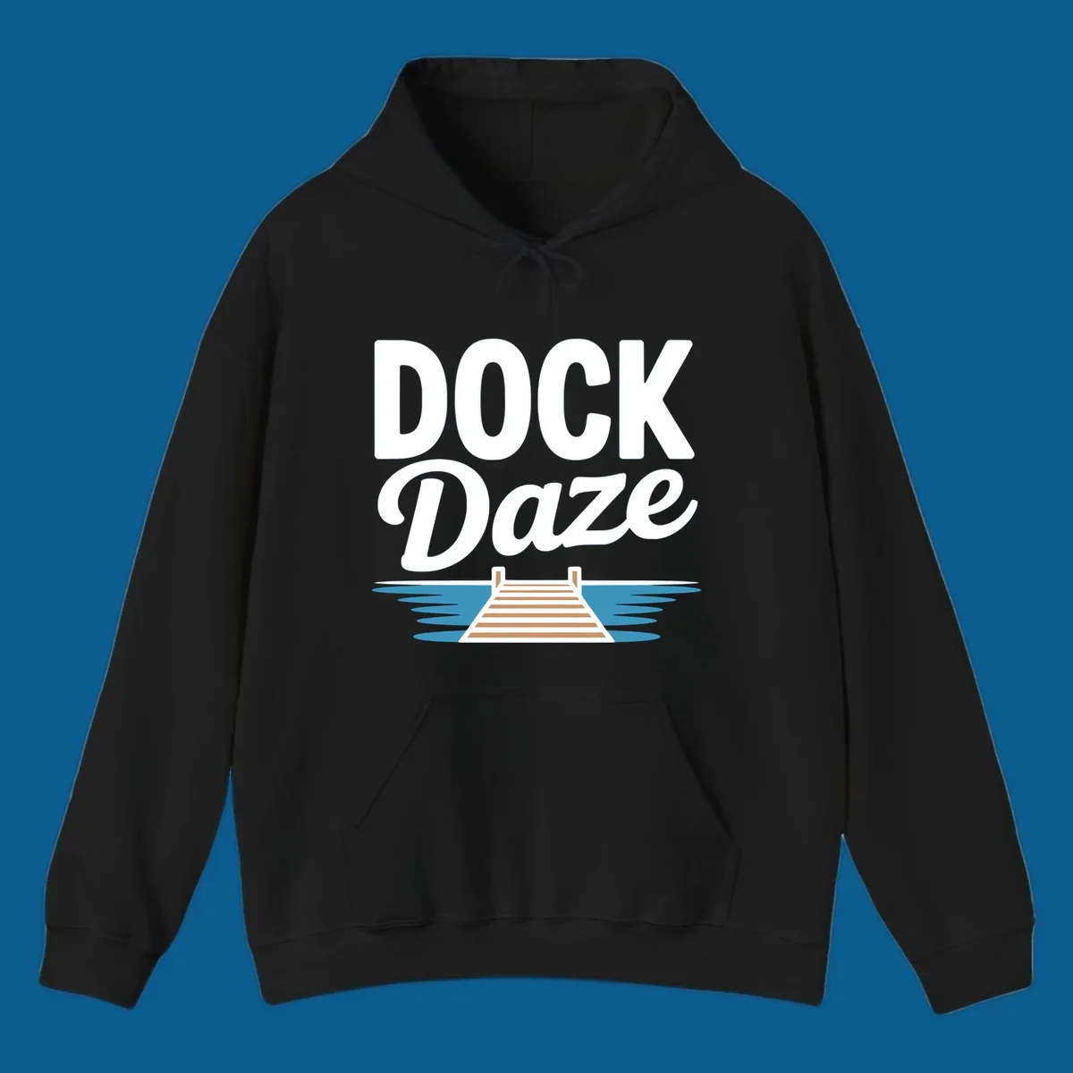 Dock Daze lake life design featuring text and a wooden dock on blue water.