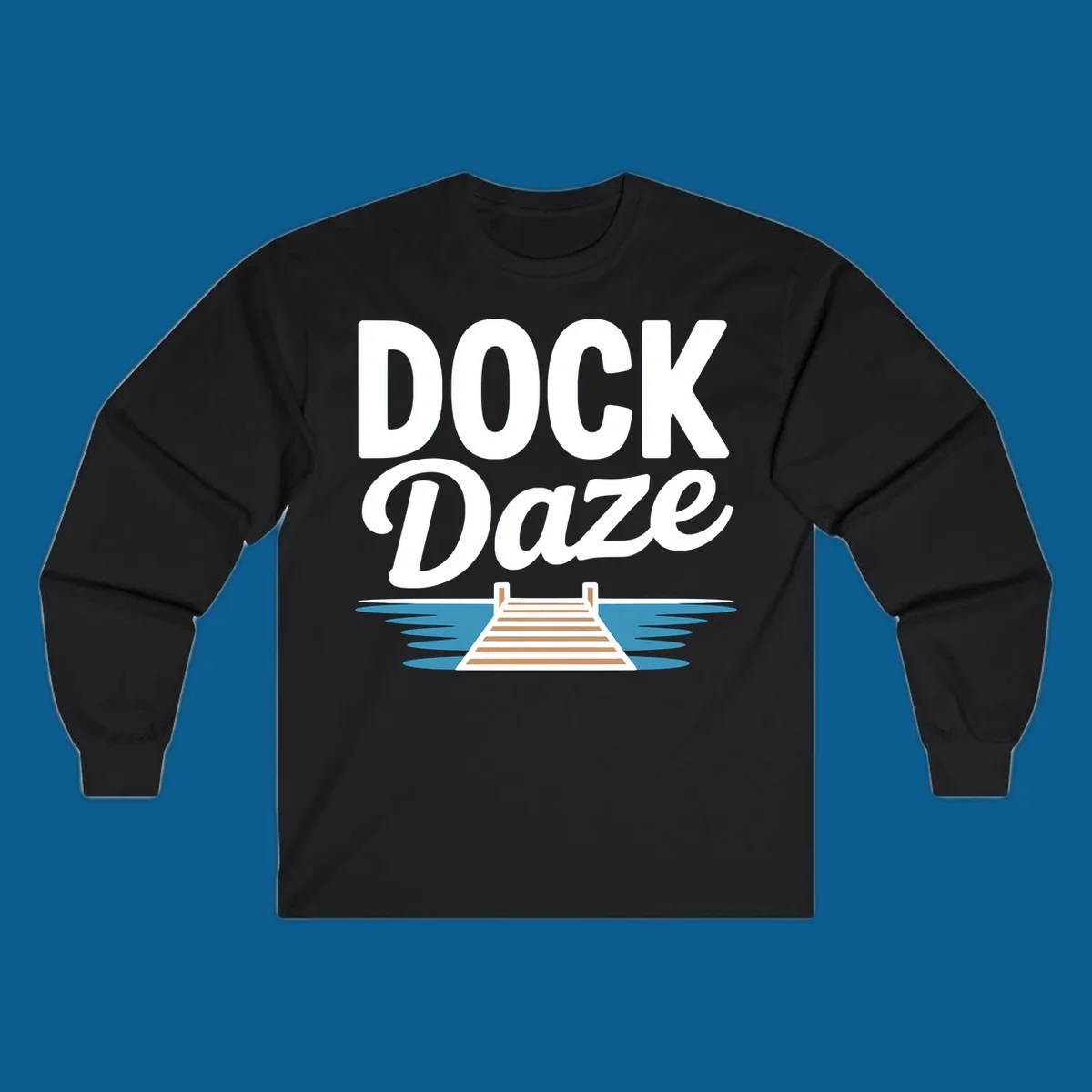 Dock Daze lake life design featuring text and a wooden dock on blue water.