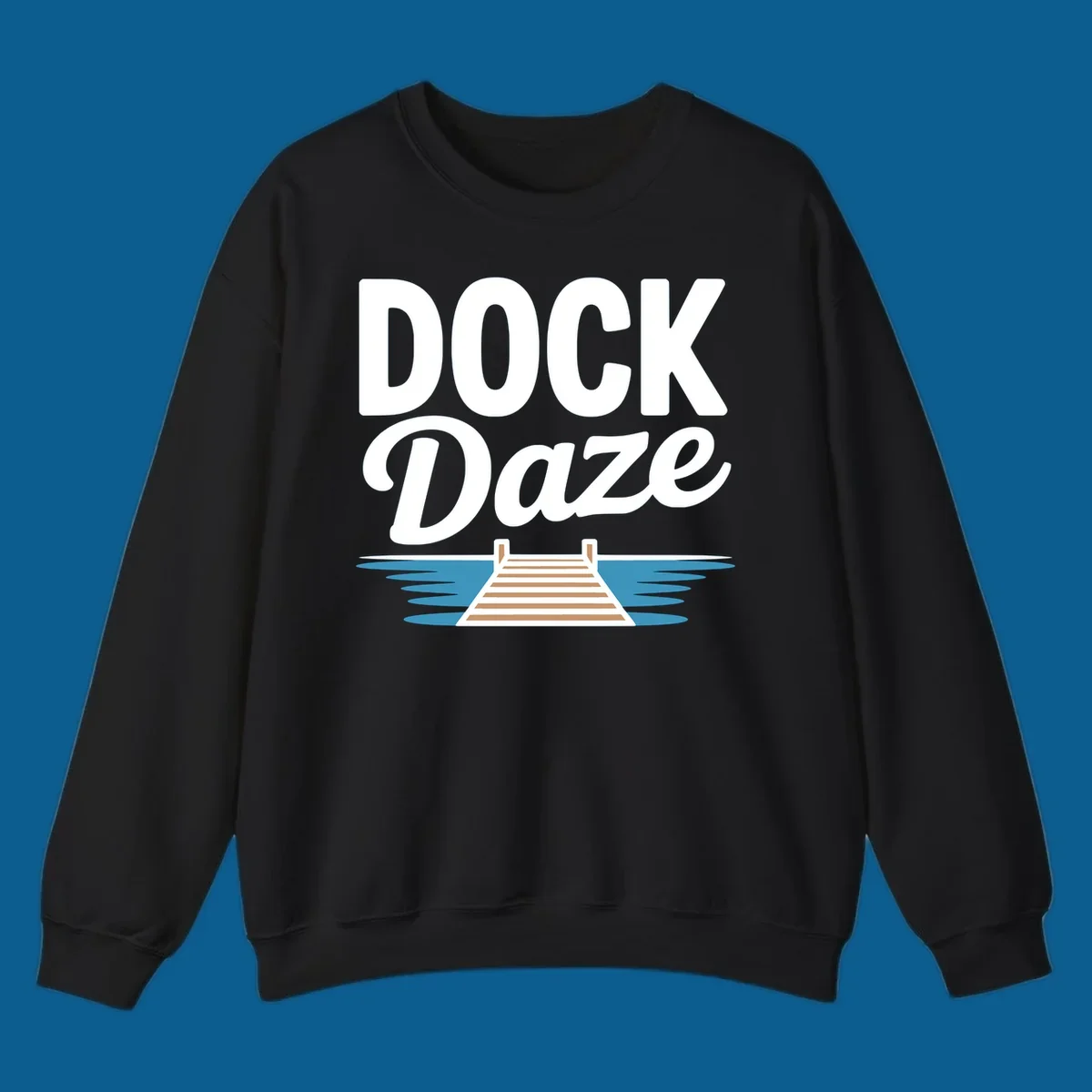 Dock Daze lake life design featuring text and a wooden dock on blue water.