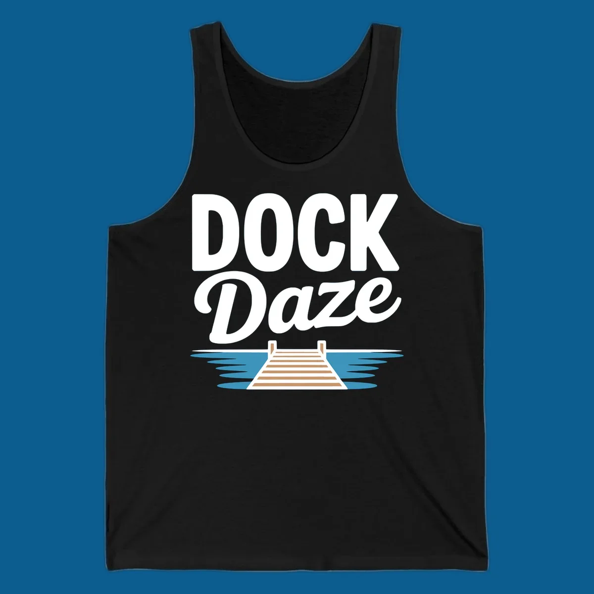 Dock Daze lake life design featuring text and a wooden dock on blue water.