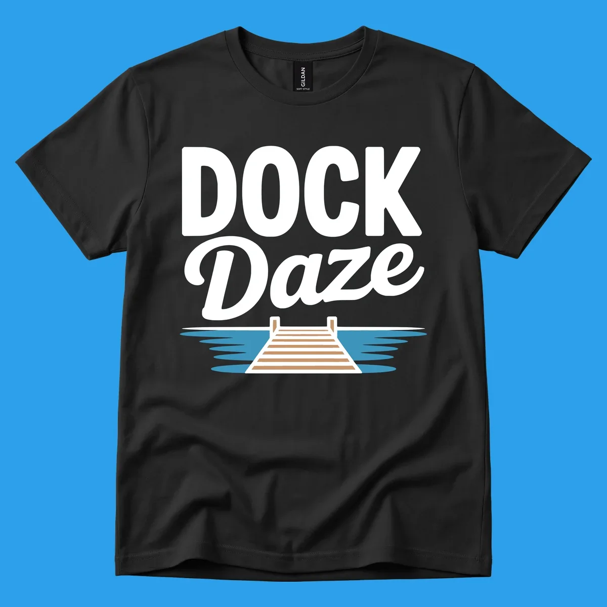 Dock Daze lake life design featuring text and a wooden dock on blue water.