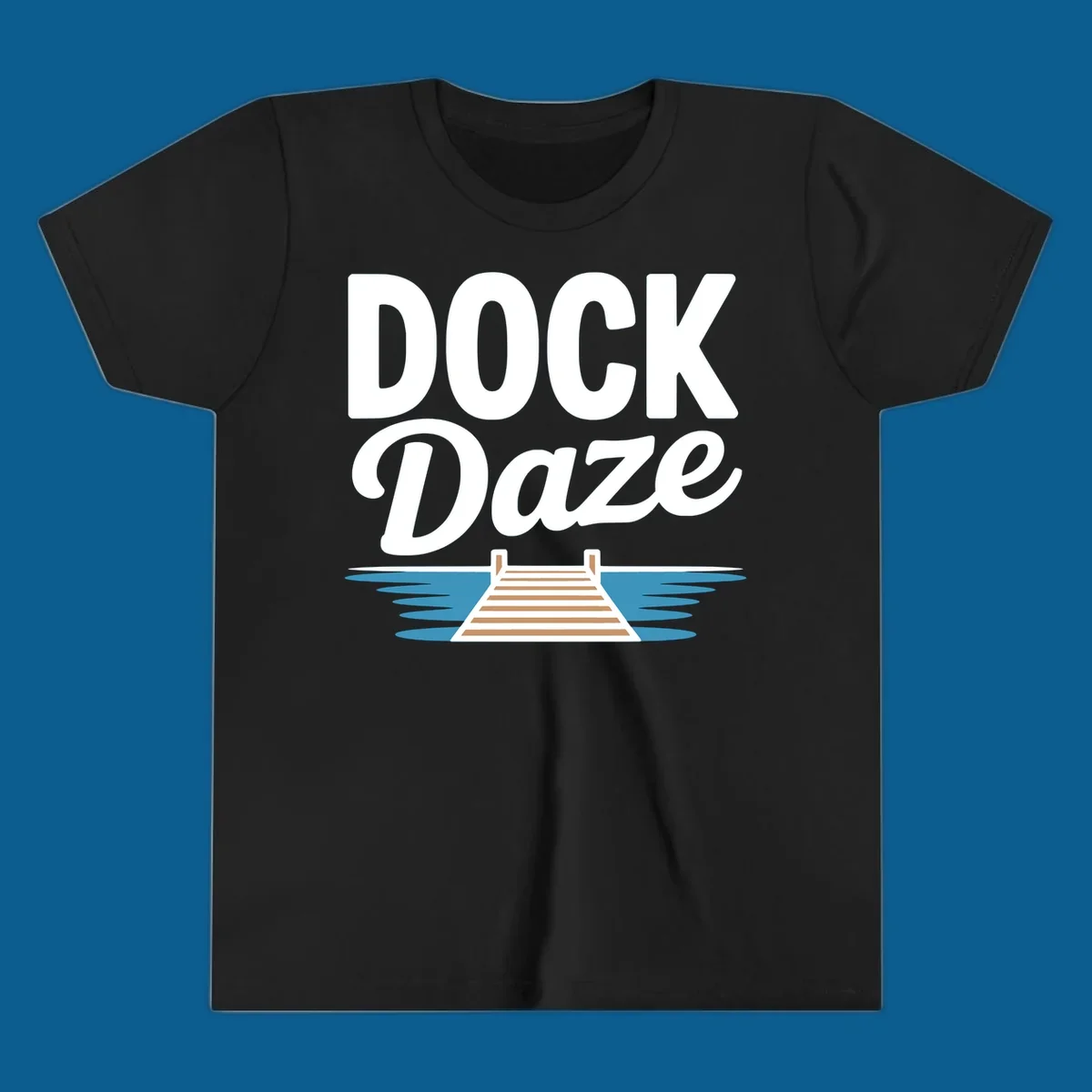 Dock Daze lake life design featuring text and a wooden dock on blue water.