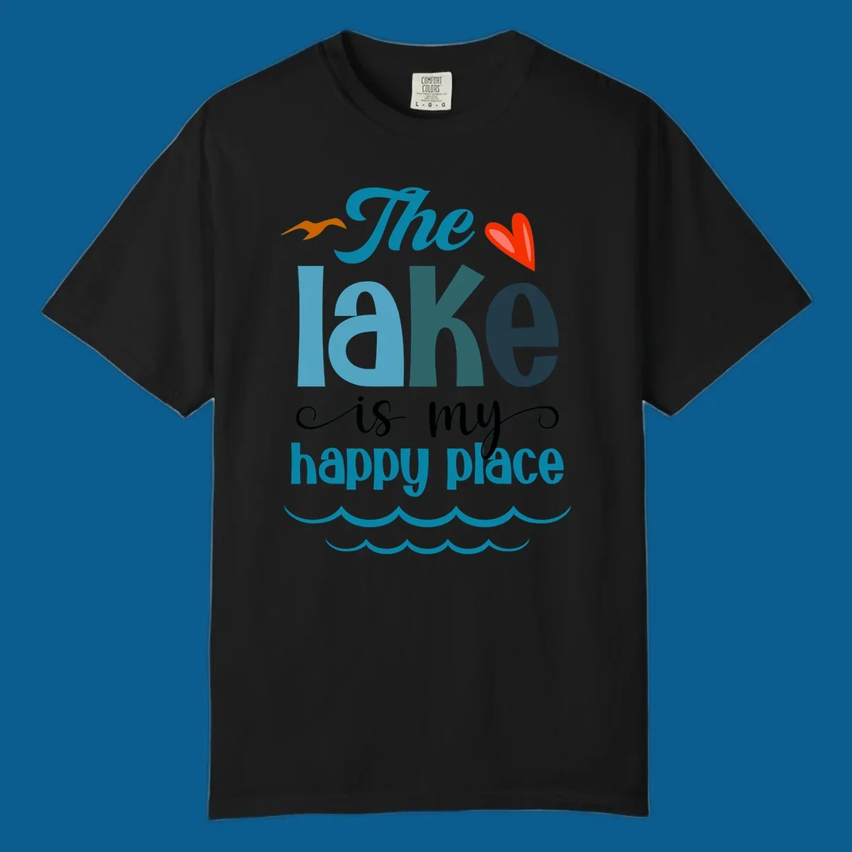 The lake is my happy place typography with bird, heart, and waves graphic, lake-happy-place