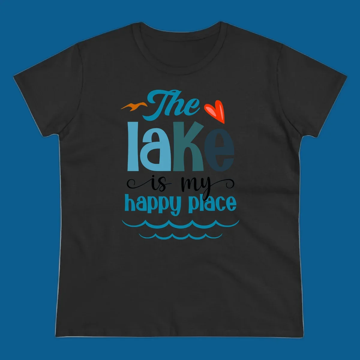 The lake is my happy place typography with bird, heart, and waves graphic, lake-happy-place