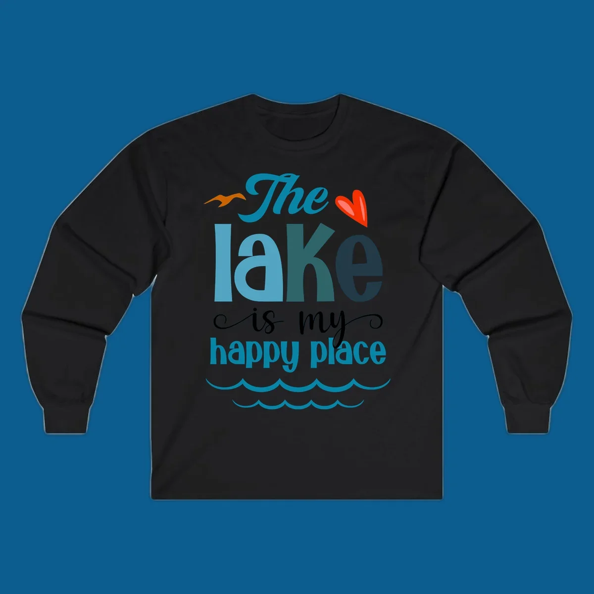 The lake is my happy place typography with bird, heart, and waves graphic, lake-happy-place
