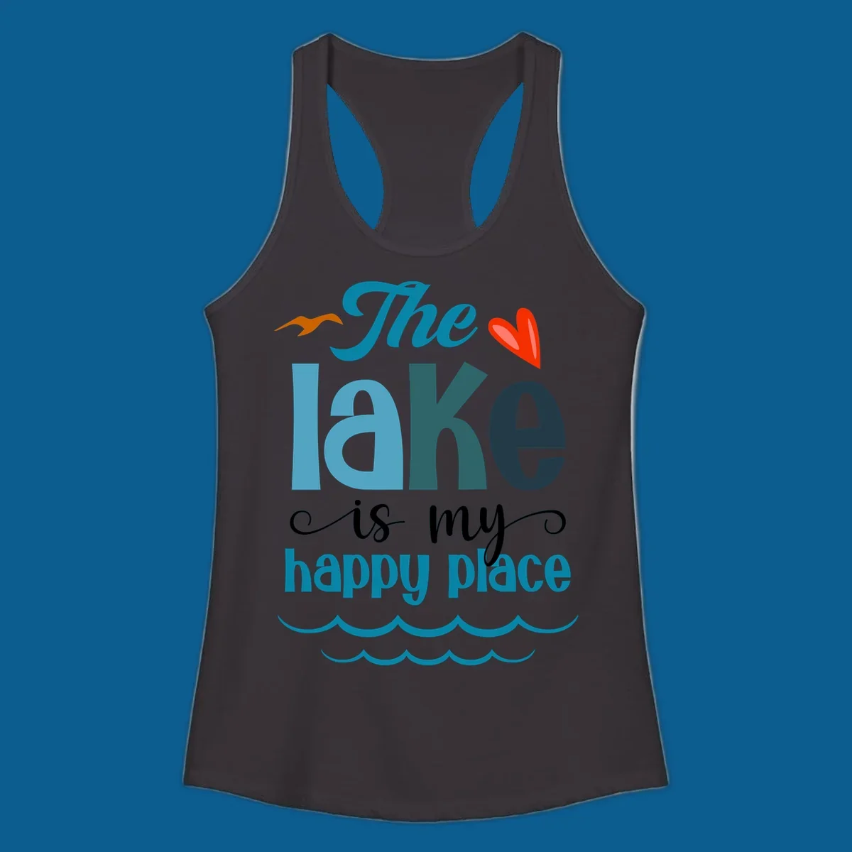 The lake is my happy place typography with bird, heart, and waves graphic, lake-happy-place