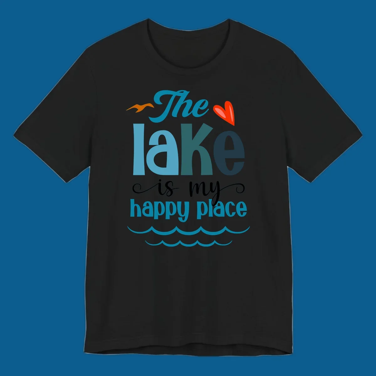 The lake is my happy place typography with bird, heart, and waves graphic, lake-happy-place