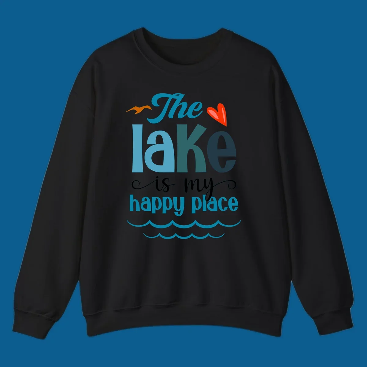 The lake is my happy place typography with bird, heart, and waves graphic, lake-happy-place