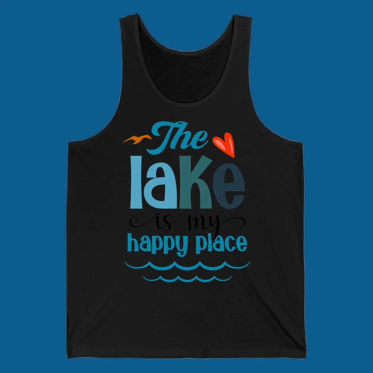 The lake is my happy place typography with bird, heart, and waves graphic, lake-happy-place