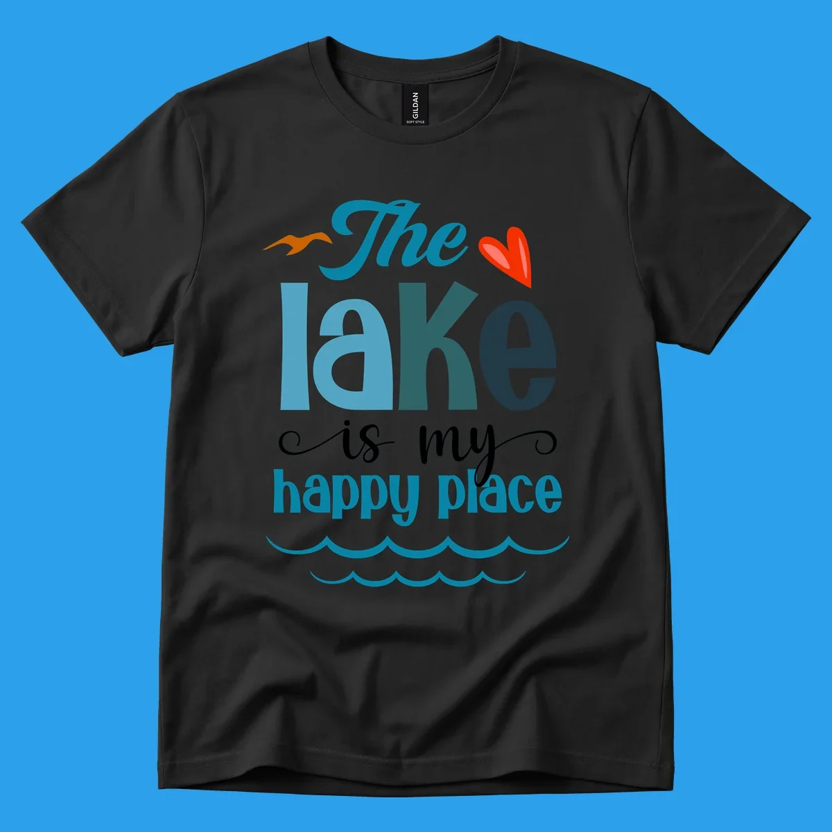 The lake is my happy place typography with bird, heart, and waves graphic, lake-happy-place