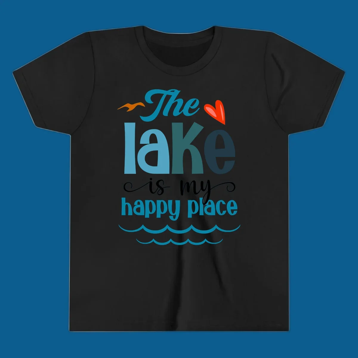 The lake is my happy place typography with bird, heart, and waves graphic, lake-happy-place