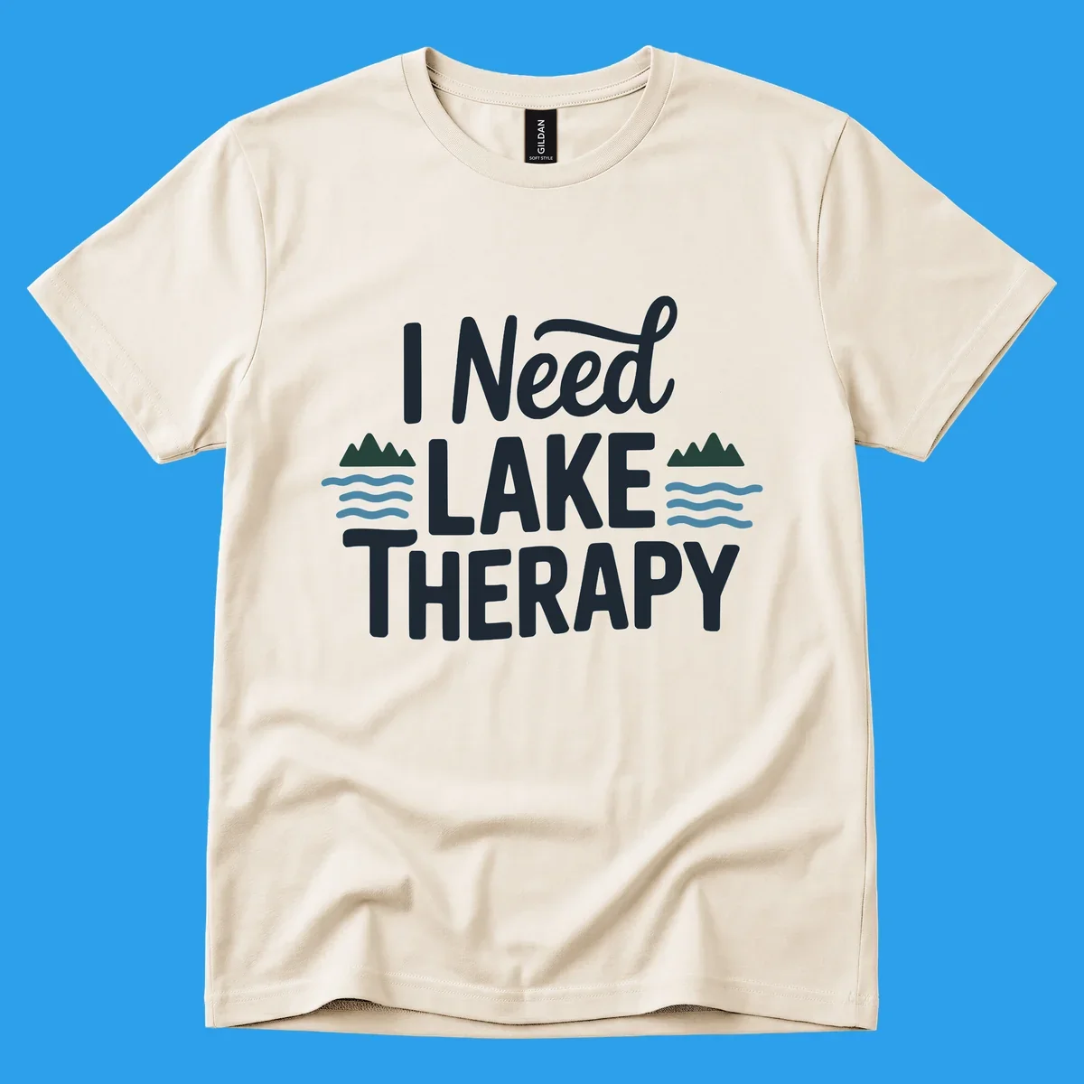 I Need Lake Therapy text with mountains and waves graphics