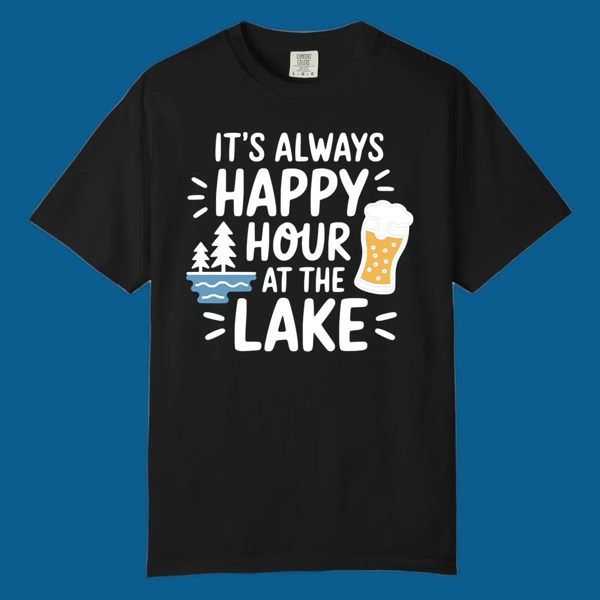 Happy hour lake life text with beer and trees illustration.