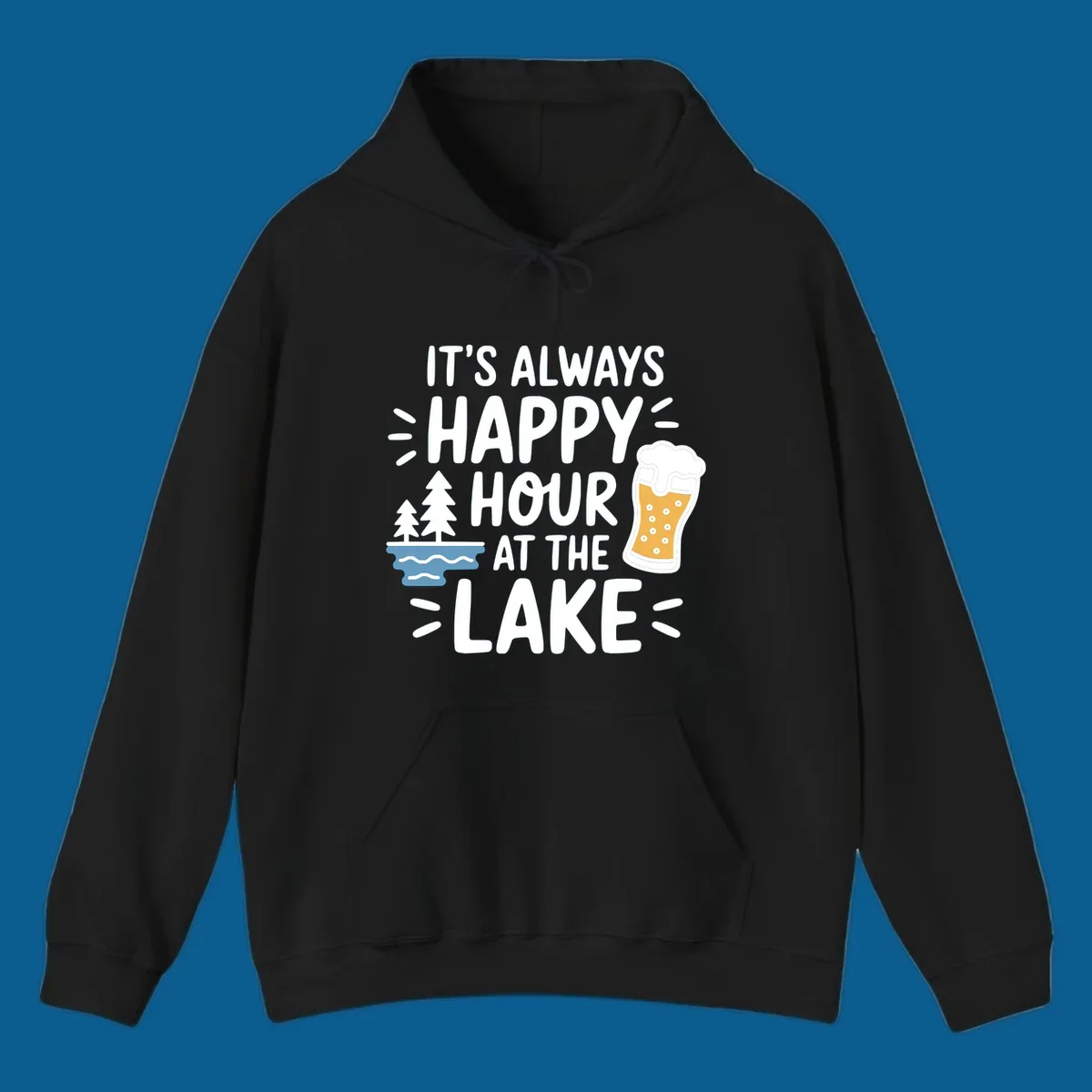 Happy hour lake life text with beer and trees illustration.