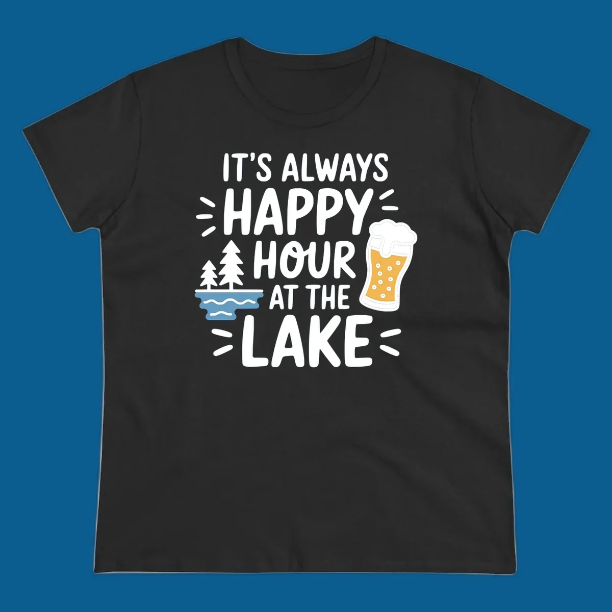 Happy hour lake life text with beer and trees illustration.