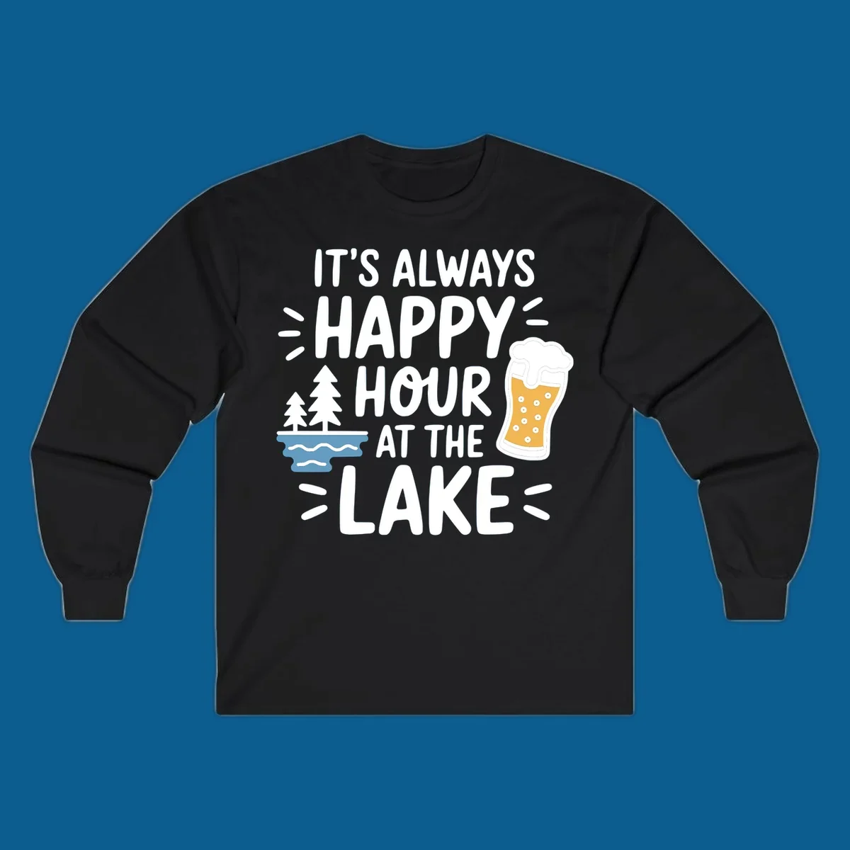 Happy hour lake life text with beer and trees illustration.