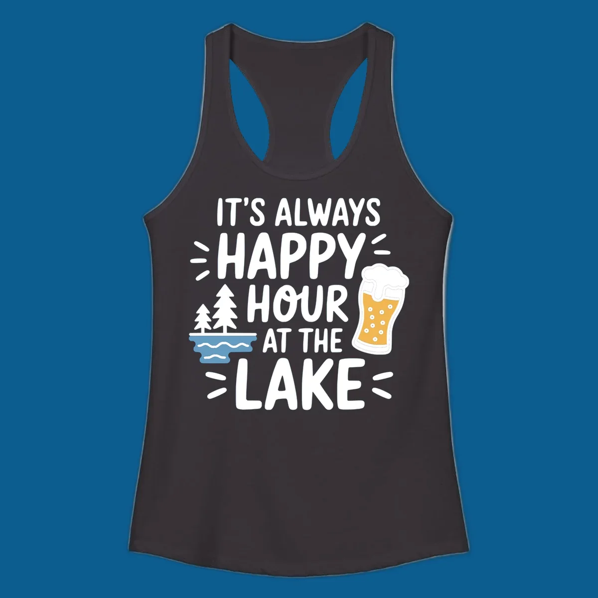 Happy hour lake life text with beer and trees illustration.