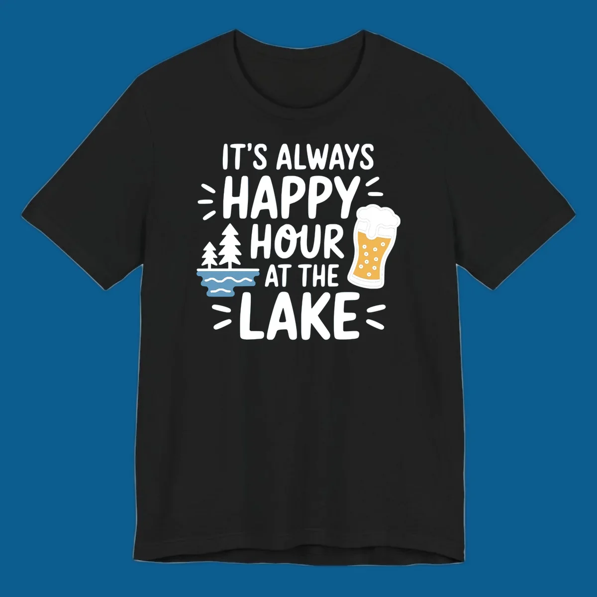 Happy hour lake life text with beer and trees illustration.