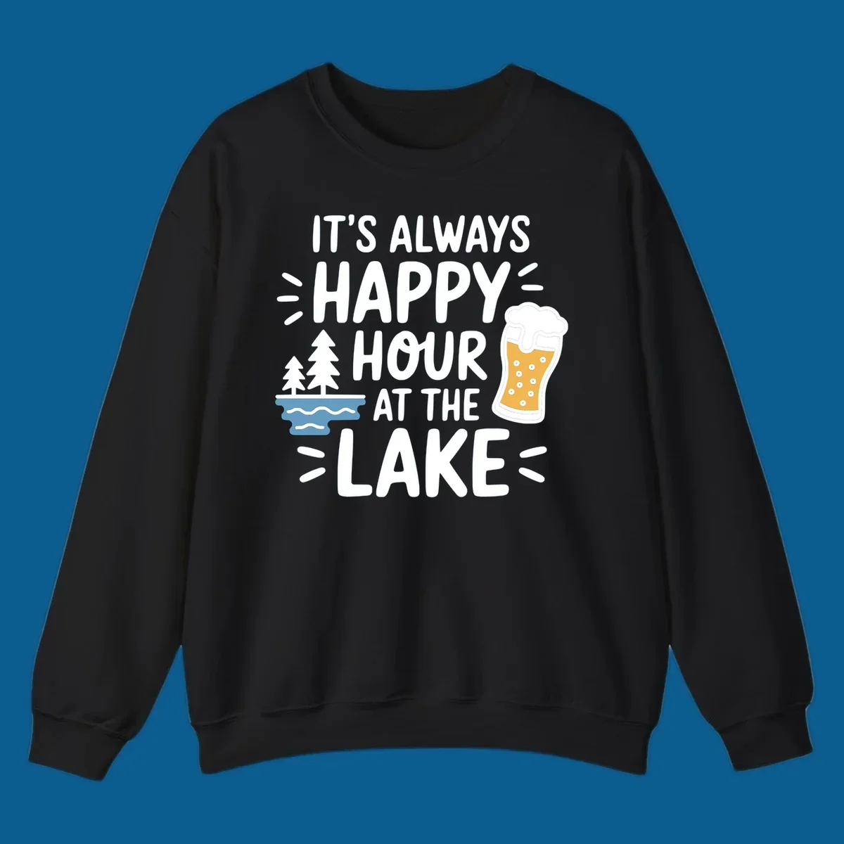 Happy hour lake life text with beer and trees illustration.
