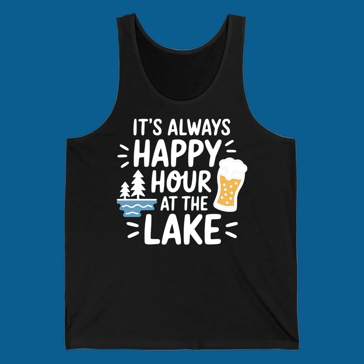 Happy hour lake life text with beer and trees illustration.