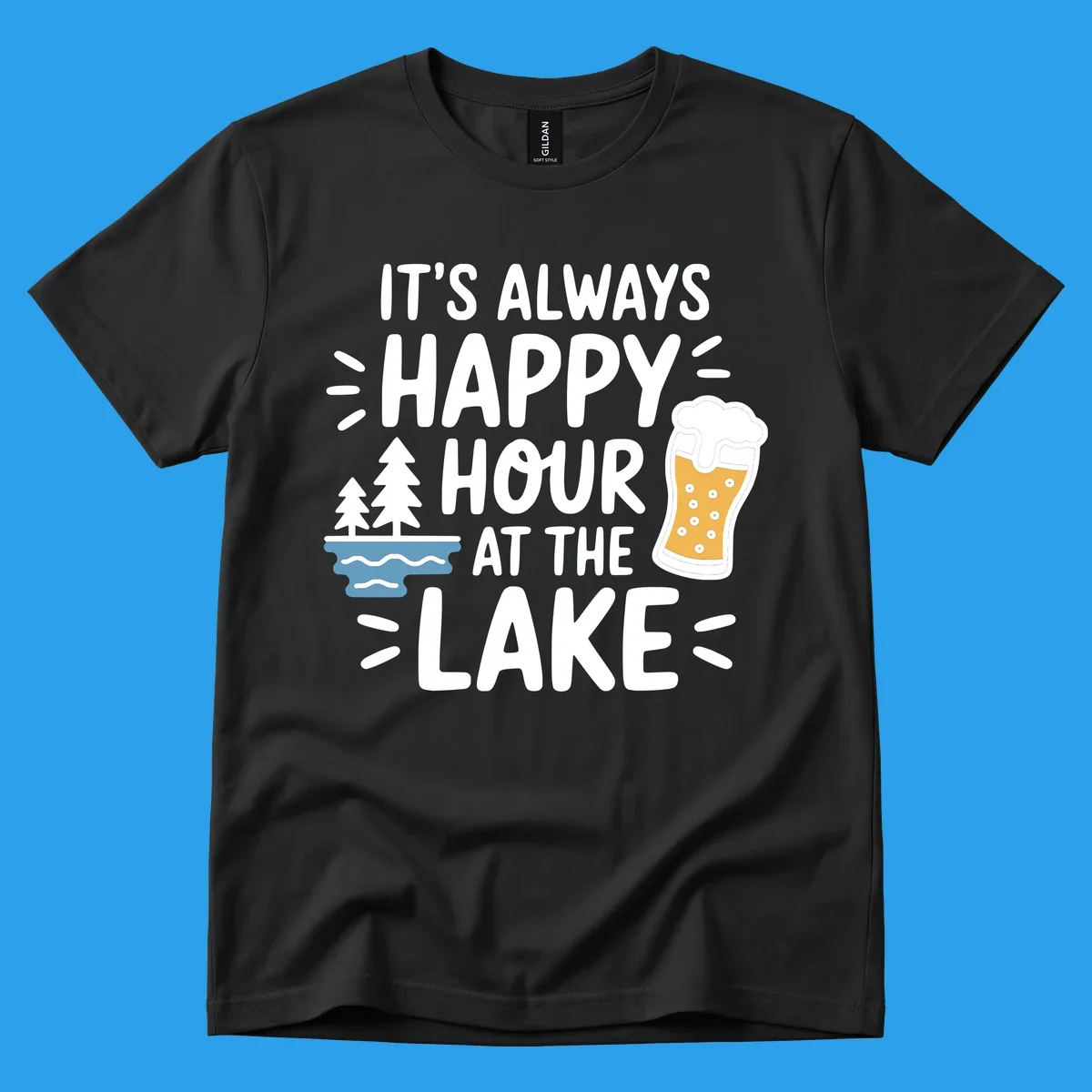 Happy hour lake life text with beer and trees illustration.
