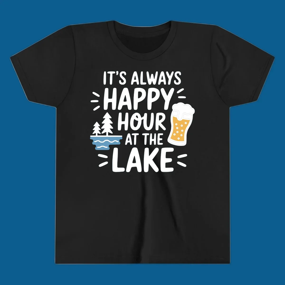 Happy hour lake life text with beer and trees illustration.