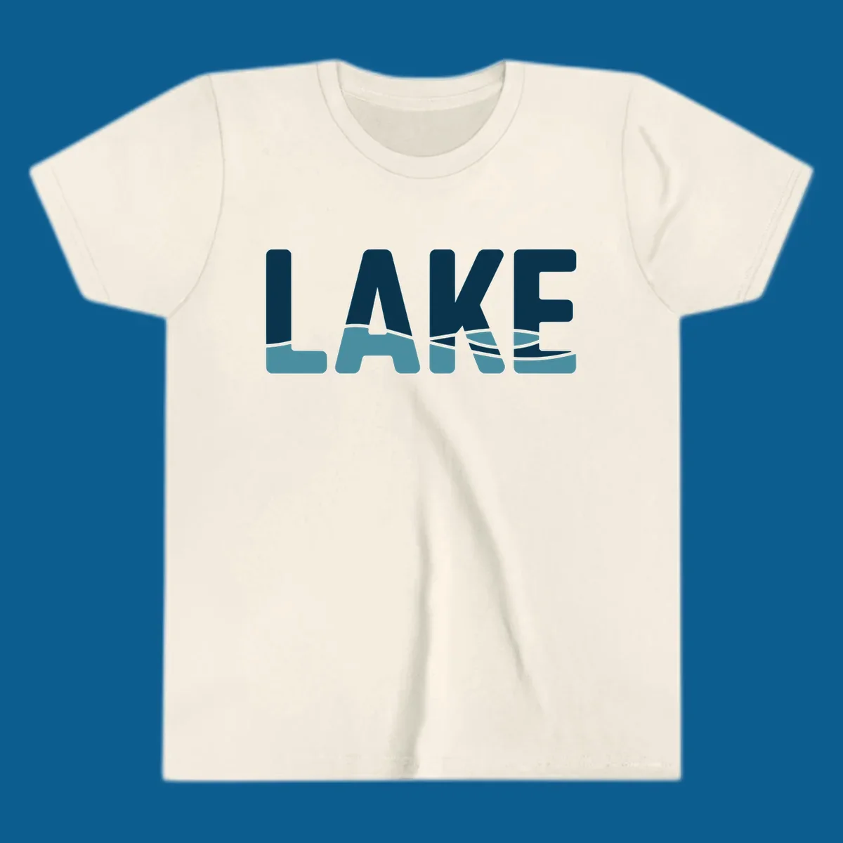 Lake Life Shirt Co. logo with the word LAKE in dark blue with light blue water graphics at the bottom.