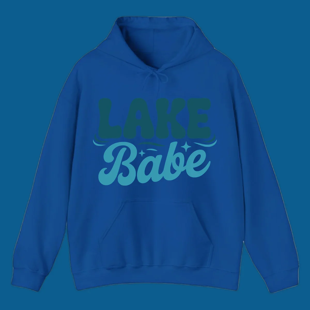 Retro LAKE Babe text design with wavy font and sparkle accents.