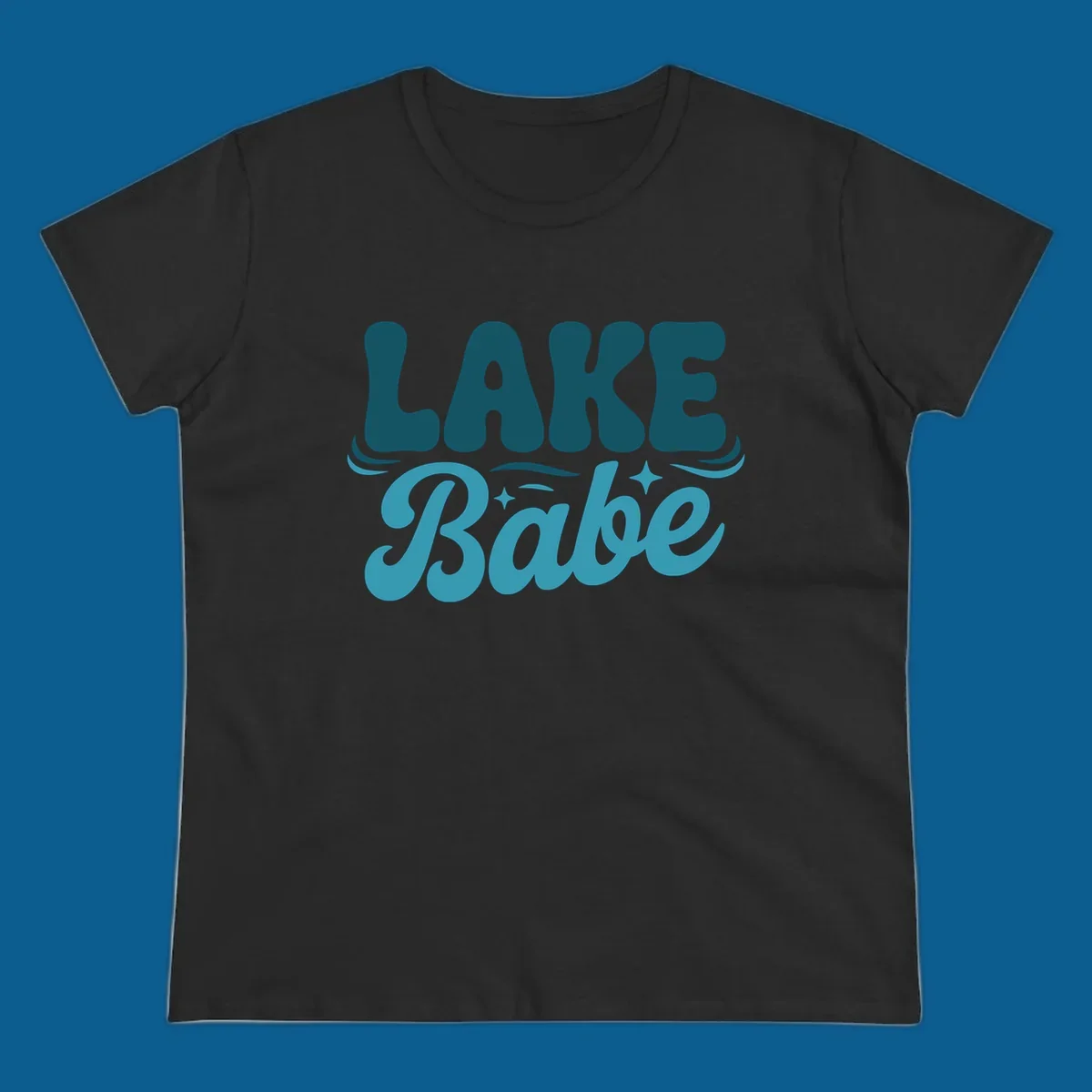 Retro LAKE Babe text design with wavy font and sparkle accents.