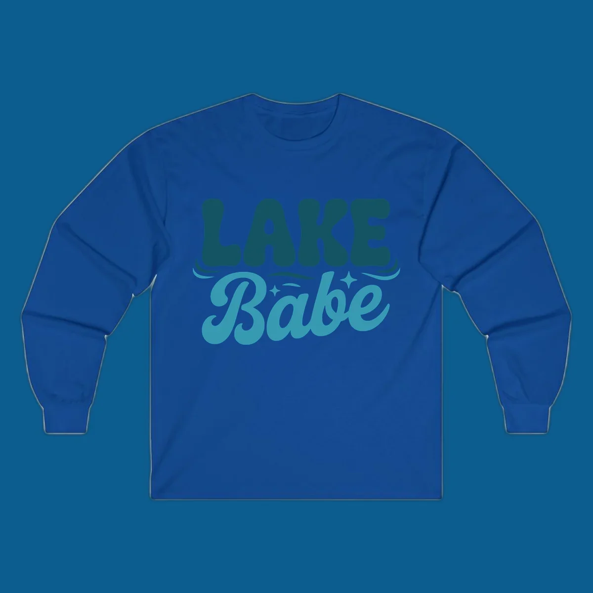 Retro LAKE Babe text design with wavy font and sparkle accents.