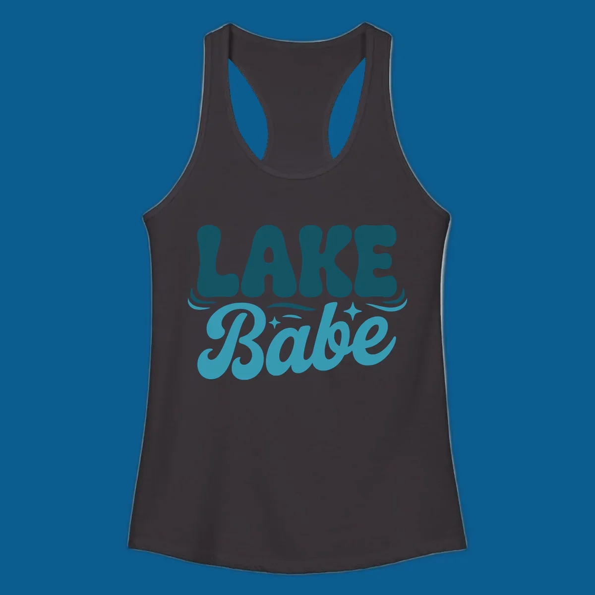 Retro LAKE Babe text design with wavy font and sparkle accents.
