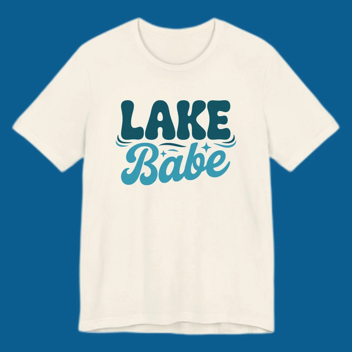 Retro LAKE Babe text design with wavy font and sparkle accents.