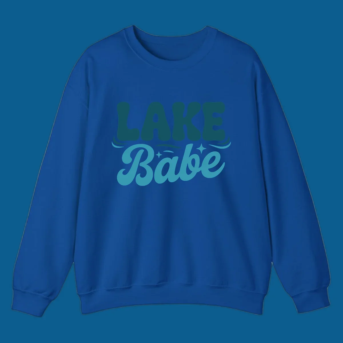 Retro LAKE Babe text design with wavy font and sparkle accents.