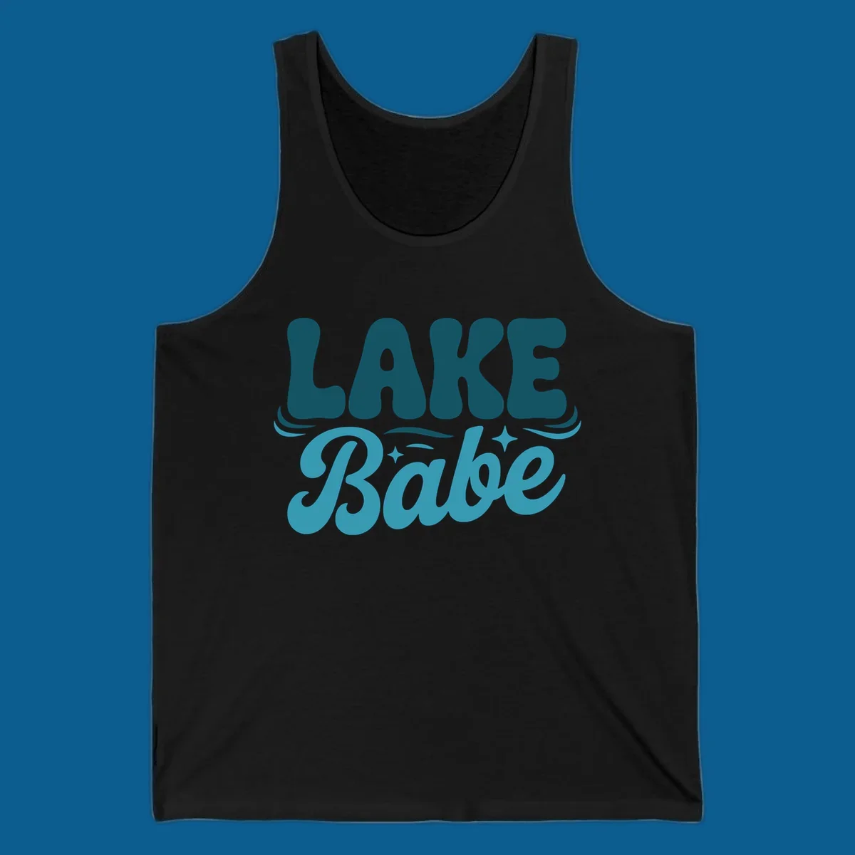 Retro LAKE Babe text design with wavy font and sparkle accents.
