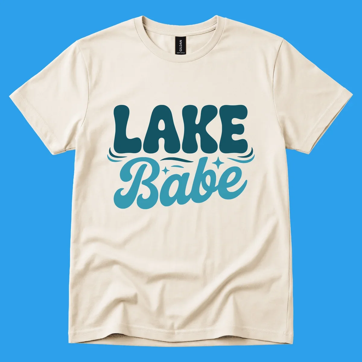 Retro LAKE Babe text design with wavy font and sparkle accents.