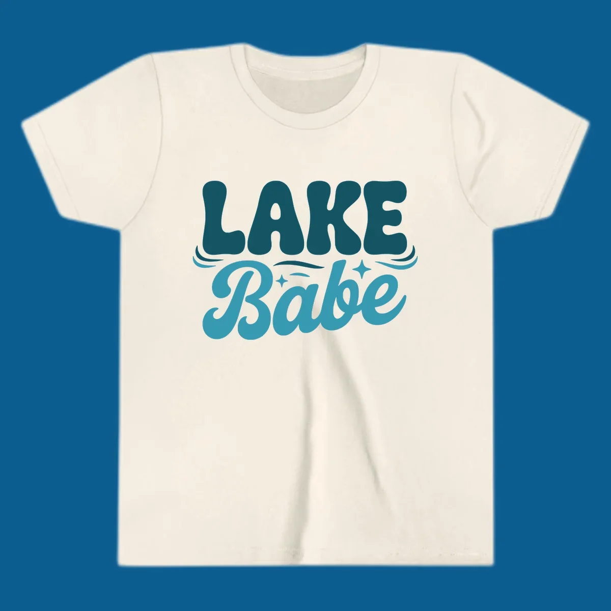 Retro LAKE Babe text design with wavy font and sparkle accents.