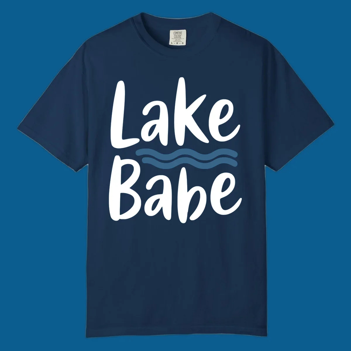 Lake Babe text with blue wavy lines, white font on dark background.